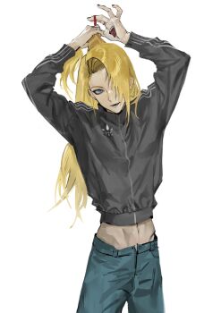 Rule 34 | 1boy, adidas, alternate costume, black jacket, blonde hair, blue eyes, deidara (naruto), denim, empty85437, extra mouth, eyeliner, happy, highres, jacket, jeans, jewelry, long hair, looking at viewer, makeup, male focus, naruto (series), naruto shippuuden, open mouth, pants, ponytail, ring, simple background, solo, white background