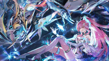 Rule 34 | 1girl, aemeath (wuthering waves), ahoge, asymmetrical footwear, breasts, chiltaku, commentary, elbow gloves, exostrider (wuthering waves), gloves, hair ornament, highres, large breasts, leotard, long hair, mecha, pink hair, ponytail, robot, solo, thighs, uneven footwear, white gloves, white leotard, wuthering waves