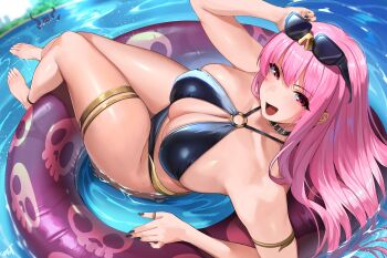 1girl absurdres armlet bare_shoulders barefoot bikini black_bikini blush breasts cleavage highres hololive hololive_english innertube jewelry kisaragi_tsurugi large_breasts long_hair looking_at_viewer mori_calliope o-ring open_mouth pink_eyes pink_hair smile solo sunglasses swim_ring swimsuit thighlet virtual_youtuber water