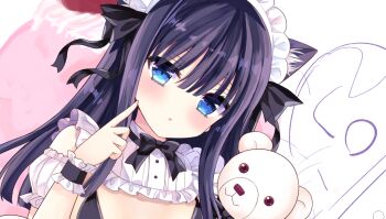 1girl :o animal_ear_fluff animal_ears bikini black_bikini black_bow bow cat_ears commentary_request detached_sleeves hair_bow hand_up index_finger_raised long_hair looking_at_viewer maid_headdress original parted_lips puffy_short_sleeves puffy_sleeves purple_hair shiwasu_horio short_sleeves solo stuffed_animal stuffed_toy swimsuit teddy_bear upper_body white_background white_sleeves wrist_cuffs