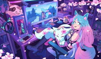1girl animal animal_ear_fluff animal_ears animal_on_lap aqua_eyes aqua_hair aqua_nails bare_shoulders black_boots blush boots breasts chair cherry_blossoms closed_eyes commentary commission computer computer_keyboard computer_mouse controller cup elbow_gloves english_commentary eyelashes figure fingerless_gloves fingernails fishnet_gloves fishnets flower game_controller gloves gradient_hair hair_flower hair_ornament handheld_game_console headphones high_heel_boots high_heels indoors kevin_hong long_hair looking_at_viewer microphone monitor mug multicolored_hair nail_polish on_chair on_lap open_mouth pink_flower pink_hair plant potted_plant round_eyewear shelf silvervale silvervale_(silver_2.0) sitting smile solo stuffed_toy tail teeth unworn_eyewear unworn_headphones upper_teeth_only virtual_youtuber vshojo webcam wolf wolf_ears wolf_girl wolf_tail