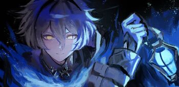 1boy arm_up blue_fire closed_mouth commentary_request double-parted_bangs fire flins_(genshin_impact) genshin_impact gloves higashimotinazu highres holding holding_lantern lantern long_sleeves male_focus sleeve_cuffs smile solo unfinished upper_body yellow_eyes