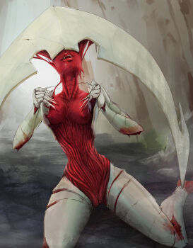 1girl blood breasts claws elesh_norn,_grand_cenobite female_focus fingernails highres kneeling long_fingernails magic:_the_gathering monster_girl nipples open_mouth pussy solo tinyfaceart