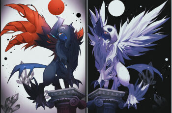 2others :< absol asymmetrical_horns black_fur black_skin claws colored_skin commentary_request fang gen_3_pokemon hair_over_one_eye highres horns mega_absol mega_absol_z mega_pokemon moon multiple_others nintendo open_mouth pillar pokemon pokemon_(creature) pokemon_focus red_eyes red_moon red_wings reo_(mmocc123) single_wing split_image uneven_horns white_fur white_wings wings