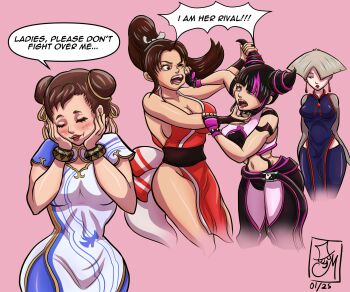 4girls a.k.i._(street_fighter) belt blush bracelet breasts capcom chaps cheek_pinching chinese_clothes chun-li collar double_bun earrings english_text fatal_fury fighting fingerless_gloves gloves hair_bun hair_horns han_juri heterochromia highres japanese_clothes jewelry lipstick makeup multicolored_hair multiple_girls pinching pink_background ponytail shiranui_mai snk spiked_bracelet spiked_collar spikes street_fighter street_fighter_6 the_king_of_fighters two-tone_hair