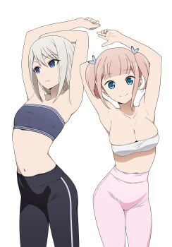 2girls absurdres arms_up black_pants blue_eyes blue_tube_top breasts closed_mouth coro_fae fujiwara_moeha grey_hair highres kaguya-sama_wa_kokurasetai_~tensai-tachi_no_renai_zunousen~ large_breasts light_frown long_hair multiple_girls navel pants pink_hair pink_pants shirogane_kei smile strapless tube_top twintails white_background white_tube_top yoga_pants