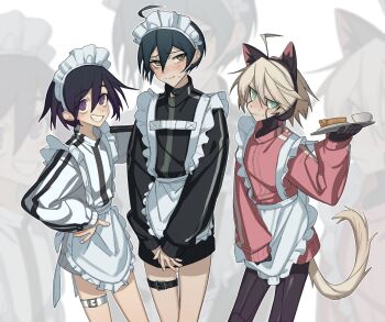 3boys absurdres ahoge alternate_costume animal_ears apron cat_ears cat_tail cowboy_shot crossdressing crossdressing_(mtf) danganronpa_(series) danganronpa_v3:_killing_harmony fake_animal_ears grey_hair grin hair_between_eyes highres holding holding_tray k1-b0 long_sleeves maid male_focus male_maid multiple_boys naomifiction oma_kokichi own_hands_together pink_eyes pink_sweater saihara_shuichi short_hair smile spiked_hair sweater tail teeth tray waist_apron white_apron white_sweater