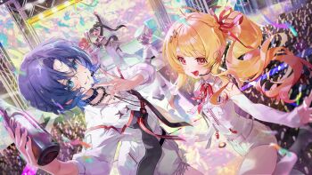 5girls ahoge arms_up audience belt black_choker black_hair blonde_hair blue_eyes blue_eyeshadow blue_hair blue_nails bottle bow bowtie choker clothing_cutout collared_shirt commentary concert confetti detached_sleeves dotori_(seulseul) double_side_ponytail dutch_angle ear_piercing english_commentary eyeshadow floating_hair fortissimo from_above glowstick hair_ornament hair_ribbon hat highres hiodoshi_ao hiodoshi_ao_(regloss_uniform) holding holding_bottle hololive hololive_dev_is ichijou_ririka ichijou_ririka_(regloss_uniform) jacket juufuutei_raden juufuutei_raden_(regloss_uniform) long_hair looking_at_viewer makeup microphone mole mole_under_mouth multicolored_hair multiple_girls musical_note musical_note_hair_ornament official_alternate_costume official_alternate_hairstyle open_mouth otonose_kanade otonose_kanade_(regloss_uniform) outstretched_arm piercing red_belt red_bow red_bowtie red_eyes red_ribbon regloss_(hololive) ribbon shirt shirt_tucked_in short_hair shorts shoulder_cutout smile stage stage_lights standing standing_on_one_leg streaked_hair teeth todoroki_hajime todoroki_hajime_(regloss_uniform) torn_clothes twintails two-tone_hair upper_teeth_only v virtual_youtuber white_hair white_hat white_jacket white_shirt white_shorts white_sleeves