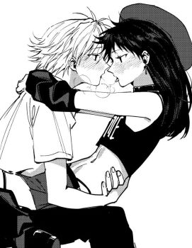 Rule 34 | after kiss, artist request, beret, choker, crop top, crossdressing, crossdressing (mtf), detached sleeves, earrings, hat, hug, ikari shinji, jewelry, kiss, miniskirt, nagisa kaworu, neon genesis evangelion, skirt, source request, straddling, upright straddle, yaoi
