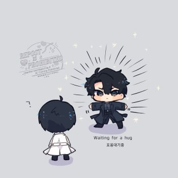 2boys ? ahoge black_coat black_eyes black_hair black_shirt chibi chibi_only coat curtained_hair double-parted_bangs english_text full_body hair_between_eyes highres hug_invitation kim_dokja kimidori_22 korean_text looking_at_another male_focus multiple_boys omniscient_reader&#039;s_viewpoint open_clothes open_coat outstretched_arms popped_collar serious shirt short_hair standing white_coat yoo_joonghyuk