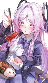 1girl :o alternate_costume bento blue_eyes blush bow braid cardigan cherry_tomato chopsticks citlali_(genshin_impact) citlali_(parallels_meet_school)_(genshin_impact) citlalin_(genshin_impact) collared_shirt commentary_request cup facial_mark floating_headgear food food_art genshin_impact gradient_hair hair_intakes headgear highres holding holding_chopsticks ice ice_cube incoming_food long_hair long_sleeves looking_at_viewer multicolored_hair pink_hair pink_pupils plaid_clothes plaid_skirt potatomochi_(potatomochi_7) purple_bow purple_hair purple_skirt rice school_uniform shirt skirt solo tako-san_wiener tomato twin_braids two-tone_hair very_long_hair white_shirt