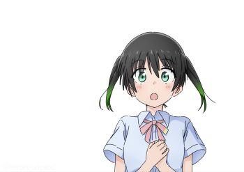 1girl :o black_hair blue_shirt blush collared_shirt colored_tips dress_shirt gradient_hair green_eyes green_hair hands_on_own_chest highres kerorojuncaod love_live! love_live!_nijigasaki_high_school_idol_club multicolored_hair neck_ribbon nijigasaki_school_uniform open_mouth own_hands_together pink_ribbon ribbon school_uniform shirt short_sleeves simple_background solo summer_uniform takasaki_yu twitter_username upper_body white_background wide-eyed