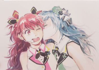 2girls 6ccb20 bare_arms blue_hair closed_eyes collared_shirt commentary_request grey_background hair_ribbon headset highres hinomori_shizuku kiss kissing_cheek long_hair momoi_airi multiple_girls one_eye_closed pink_eyes pink_hair project_sekai ribbon shirt simple_background sleeveless sleeveless_shirt two_side_up yuri