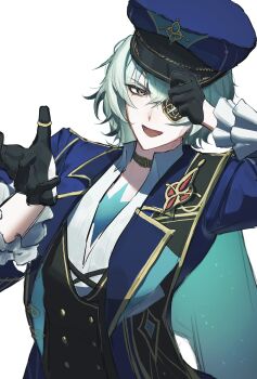 Rule 34 | 1boy, alternate costume, anaxa (honkai: star rail), aqua hair, belt collar, black gloves, black vest, blue eyes, blue hat, blue jacket, collar, collared shirt, eyepatch, gloves, hair between eyes, hat, highres, honkai: star rail, honkai (series), jacket, looking at viewer, male focus, one eye covered, open clothes, open jacket, open mouth, pichisabu3, shirt, simple background, smile, solo, upper body, vest, white background, white shirt