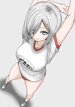 1girl 30-06 blue_eyes blush breasts buruma exercising from_above grey_hair gym_shirt gym_uniform hair_ornament hair_over_one_eye hairclip hamakaze_(kancolle) highres kantai_collection large_breasts looking_at_viewer looking_up red_buruma shirt short_hair short_sleeves solo stretching white_background white_shirt