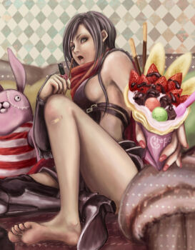 1girl 2000s_(style) armored_boots assassin_cross_(ragnarok_online) barefoot black_hair black_leotard boots breasts checkered_wall commentary_request crepe fingernails food fruit full_body grey_eyes holding holding_crepe holding_food leotard long_hair looking_at_viewer medium_breasts open_mouth pocky poporing poring ragnarok_online red_nails revealing_clothes shoes sideboob single_shoe sitting soles solo strawberry toes yamizaki_miko