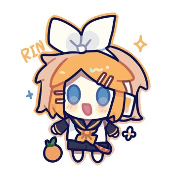 1girl bare_shoulders barefoot belt black_sailor_collar black_shorts black_sleeves blonde_hair blue_eyes blush_stickers bow bow_hairband character_name chibi chinese_commentary commentary_request detached_sleeves flower food fruit hair_ornament hairband hairclip happy kagamine_rin long_sleeves mandarin_orange medium_hair neckerchief open_mouth outline parallel_hairclips print_belt sailor_collar sailor_shirt shirt shorts simple_background sleeveless sleeveless_shirt smile solid_oval_eyes solo sparkle standing triangle_print vocaloid white_background white_bow white_flower white_hairband white_shirt xianyu_fish yellow_belt yellow_neckerchief yellow_outline