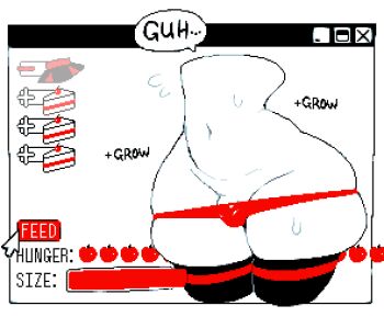 1boy androgynous ass_expansion bulge cursor dizzyspells english_text feeding flaccid hip_focus male_focus navel original panties panty_pull penis penis_peek pixel_art red_panties scythe_(dizzyspells) solo speech_bubble sweat thick_thighs thigh_expansion thighs topless_male trap underwear user_interface wide_hips window_(computing)