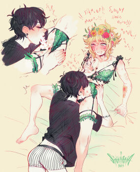 2boys absurdres ahoge arm_tattoo artist_logo artist_name basil_(omori) bed bed_sheet bite_mark bite_mark_on_shoulder bite_mark_on_thigh bite_marks black_hair black_panties black_shirt blonde_hair blush boxer_briefs boxers bra clenched_teeth closed_eyes commentary_request covered_testicles crossdressing crossdressing_(mtf) drooling ear_piercing embarrassed fellatio flower flower_tattoo frilled_sleeves frilled_thighhighs frills garter_belt garter_straps green_bra green_garter_belt green_panties hair_between_eyes hand_on_another&#039;s_chest hand_on_another&#039;s_hand hand_on_another&#039;s_hip hand_on_own_hip heart hickey hickey_marks highres irrumatio lingerie logo looking_at_another looking_down male_focus male_underwear mouth_drool multiple_boys navel nose_blush omori on_bed one_eye_closed open_mouth oral panties penis piercing scar scar_across_eye scar_on_face sheet_grab shirt short_hair short_sleeves sidelocks simple_background sintastein strap sunny_(omori) sweat tagme talking tattoo teeth testicles thigh_strap thighhighs trap trembling underwear white_male_underwear yaoi