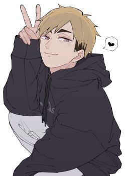 Rule 34 | 1boy, arm up, black hair, black hoodie, blonde hair, brown eyes, closed mouth, drawstring, elbow on knee, haikyuu!!, heart, highres, hood, hoodie, long sleeves, male focus, miya atsumu, multicolored hair, parted bangs, ponkotmtm, short hair, simple background, sleeves past wrists, smile, solo, speech bubble, spoken heart, squatting, swept bangs, two-tone hair, v, white background