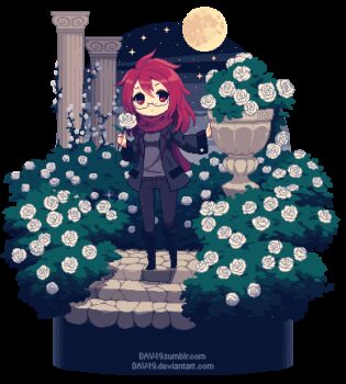 1girl animated animated_gif black_boots black_jacket black_pants blinking boots borrowed_character bush commentary commission dav-19 english_commentary flower full_moon garden glasses grey_shirt holding holding_flower jacket long_hair looping_animation lowres moon night open_clothes open_jacket original pants pillar pixel_art red_eyes red_hair red_scarf rose scarf shirt sky solo sparkle star_(sky) transparent_background watermark web_address white_flower white_rose