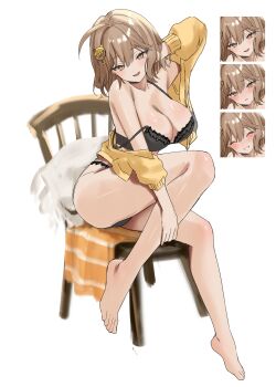 1girl absurdres ahoge anis_(nikke) bare_shoulders barefoot black_bra black_panties blush bra breasts brown_eyes brown_hair commentary_request feet goddess_of_victory:_nikke hair_ornament highres large_breasts multiple_expressions nikotingod panties short_hair simple_background sitting smile sweater toes underwear white_background yellow_sweater
