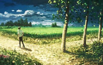 1boy absurdres black_hair black_pants cloud cloudy_sky commentary_request feitu233 field from_behind grass highres male_focus nature original outdoors pants path road scenery shirt short_hair short_sleeves signature sky solo sunlight tree very_short_hair walking white_shirt wide_shot