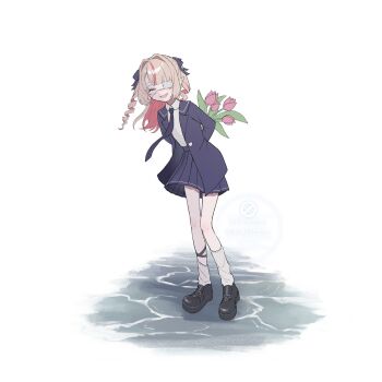 Rule 34 | 1girl, :d, arms behind back, black shoes, blazer, blue jacket, blue necktie, blue ribbon, blue sailor collar, blue skirt, blush, closed eyes, collared shirt, colored inner hair, drill hair, eyepatch, fang, flower, full body, grey hair, hair intakes, hair ribbon, hashtag-only commentary, heart, highres, holding, holding flower, jacket, lapels, leaning forward, leg ribbon, leg tattoo, light smile, long hair, long sleeves, loose socks, makaino ririmu, medical eyepatch, miniskirt, mochimochiwawa, monitoring (vocaloid), multicolored hair, necktie, nijisanji, notched lapels, official alternate costume, official alternate hairstyle, open clothes, open jacket, open mouth, pink flower, pink hair, pink streaks, pink tulip, platform shoes, pleated skirt, pointy ears, ribbon, sailor collar, school uniform, shirt, shirt tucked in, shoes, sidelocks, skirt, smile, socks, solo, standing, streaked hair, tattoo, tulip, two-tone hair, two side up, virtual youtuber, watermark, white background, white shirt, white socks, wind, winged heart, winged heart tattoo
