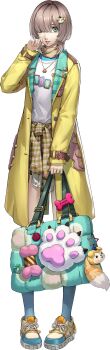 1girl artist_request bag brown_hair character_hair_ornament clothes_around_waist coat dog_hair_ornament dogenzaka_runa green_eyes hair_ornament hair_over_one_eye highres holding holding_bag jacket jacket_around_waist official_art persona persona_5 persona_5:_the_phantom_x shichi-kun solo third-party_source transparent_background yellow_coat