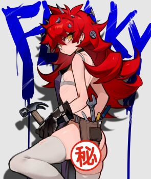 1girl @_@ apron ass black_apron bra breasts censored character_name flaky_(happy_tree_friends) from_behind grey_background hammer happy_tree_friends holding holding_hammer humanization long_hair looking_at_viewer mai_nanhai_de_xiao_zongcai petite red_hair screw simple_background small_breasts solo thick_eyelashes thick_lineart thighhighs tool_belt underwear white_bra white_thighhighs
