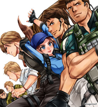 Rule 34 | artist name, beard stubble, black gloves, blonde hair, blue eyes, blue hat, brown hair, brown jacket, bulletproof vest, chris redfield, ethan winters, facial hair, fingerless gloves, gloves, hat, headset, jacket, jill valentine, leon s. kennedy, nagare, resident evil, resident evil 4, resident evil 5, resident evil 7: biohazard, resident evil village, smile, stubble