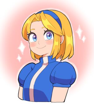 1girl absurdres alternate_hair_length alternate_hairstyle bbycheese blonde_hair blue_eyes blue_hairband blush_stickers commentary english_commentary hairband highres maria_robotnik medium_hair pink_background puffy_short_sleeves puffy_sleeves short_sleeves smile solo sonic_(series) upper_body