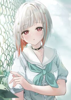 1girl absurdres aqua_neckerchief black_choker blue_dress blush bob_cut breast_pocket breasts chain-link_fence choker colored_inner_hair commentary_request diagonal_bangs dress fence grey_hair hair_ornament hasu_no_sora_school_uniform highres inverted_bob link!_like!_love_live! looking_at_viewer love_live! medium_breasts multicolored_hair neckerchief nekomaru_nisei o-ring o-ring_choker outdoors parted_lips pocket puffy_short_sleeves puffy_sleeves red_eyes red_hair revision sailor_collar sailor_dress school_uniform short_hair short_sleeves solo star_(symbol) star_hair_ornament streaked_hair summer_uniform upper_body virtual_youtuber white_sailor_collar yugiri_tsuzuri