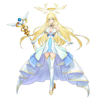 1girl absurdres blonde_hair blue_eyes breasts commission crossed_legs dress elbow_gloves full_body gloves halo high_heels highres holding holding_staff large_breasts long_hair looking_at_viewer mytea_(soso) original showgirl_skirt skeb_commission smile solo staff standing thighhighs watson_cross white_background white_dress white_gloves white_thighhighs