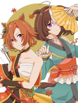 Rule 34 | 2girls, ahoge, alternate costume, animal ears, arm up, arrow (projectile), bare shoulders, bow (weapon), bracer, breasts, brown hair, chest sarashi, choker, closed mouth, collarbone, commentary request, detached sleeves, folding fan, green kimono, hadanugi dousa, hairband, hand fan, hand up, highres, holding, holding bow (weapon), holding fan, holding weapon, horse ears, horse girl, horse tail, japanese clothes, kimono, leaf, looking at viewer, maple leaf, medium hair, meisho doto (umamusume), multiple girls, obi, open kimono, orange hair, purple eyes, sarashi, sash, short hair, sleeveless, sleeveless kimono, small breasts, smile, t.m. opera o (umamusume), tail, umamusume, upper body, usako (umauma0602), weapon