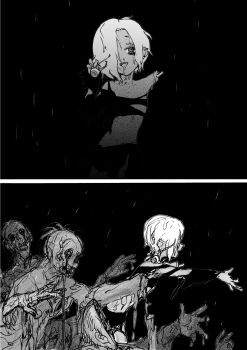 1girl 5boys alternate_costume bags_under_eyes bisected blood blood_from_mouth crowd dangling_eye exposed_bone highres holding_eyeball idolmaster idolmaster_cinderella_girls long_bangs looking_at_viewer missing_limb multiple_boys multiple_views open_mouth outstretched_arms payama rags rain rotting shirasaka_koume short_hair simple_background sketch smile spiked_ear_piercing standing stitched_neck stitches zombie zombie_pose zombification