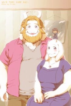 1boy 1girl asgore_dreemurr beard black_eyes blonde_hair facial_hair frisk_(undertale) furry goat onda_seki sitting toriel undertale utdr_(toby_fox)