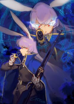 1girl absurdres alternate_costume animal_ears artist_name bandaged_arm bandages black_necktie blue_cape brown_jacket cape collared_shirt commentary crt599 e.g.o_(project_moon) english_commentary gun highres holding holding_gun holding_smoking_pipe holding_weapon jacket long_hair looking_at_viewer magic_bullet_(e.g.o) necktie project_moon purple_hair rabbit_ears rabbit_girl red_eyes reisen_udongein_inaba rifle shirt smoking_pipe solo touhou very_long_hair weapon white_shirt