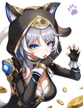 1girl absurdres animal_ear_fluff animal_ears black_gloves blue_eyes breasts cat_ears cat_girl cat_tail cipher_(honkai:_star_rail) cleavage closed_mouth coin ekal_001 fingerless_gloves gloves gold_coin grey_hair hair_between_eyes highres honkai:_star_rail honkai_(series) hood hood_up looking_at_viewer medium_breasts simple_background smile solo tail tongue tongue_out white_background yellow_nails