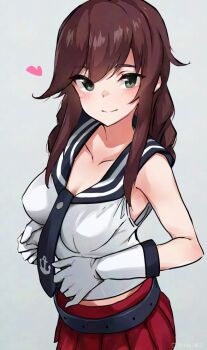 1girl black_necktie black_sailor_collar braid breasts brown_hair collarbone commentary_request cowboy_shot gloves green_eyes grey_background kantai_collection long_hair mani_oniniku medium_breasts necktie no_dickey noshiro_(kancolle) red_skirt sailor_collar sailor_shirt school_uniform serafuku shirt simple_background skirt sleeveless sleeveless_shirt solo swept_bangs twin_braids white_gloves white_shirt