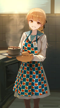1girl :d apron backlighting baking_sheet black_ribbon blonde_hair commentary dress english_commentary friesland_(ryan_greythorn) gloves hair_ribbon highres holding_pan id_card indoors looking_at_viewer open_mouth original oven oven_mitts pantyhose patterned_clothing ribbon ryan_greythorn sailor_collar shirt smile solo striped_clothes striped_shirt white_dress window yellow_eyes yellow_gloves