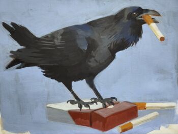 animal_focus bird cigarette cigarette_pack commentary crow english_commentary from_side full_body h0lycr0w highres holding holding_cigarette no_humans original painterly solo