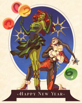 Rule 34 | balloon, batman (series), colored skin, dc comics, dress, fireworks, green dress, green skin, harley quinn, harley quinn (classic), highres, mausinner, multiple girls, poison ivy, yuri