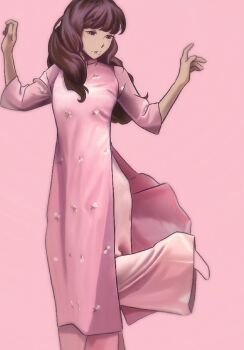 Rule 34 | 1girl, ao dai, brown eyes, brown hair, commentary, commentary request, dress, english commentary, fear &amp; hunger (series), fear &amp; hunger 2: termina, hands up, highres, long hair, looking down, marina (fear &amp; hunger), mixed-language commentary, mole, mole under mouth, pants, parted lips, pink background, pink theme, scaredandhungr, solo, standing, standing on one leg, three-quarter sleeves, vietnamese commentary