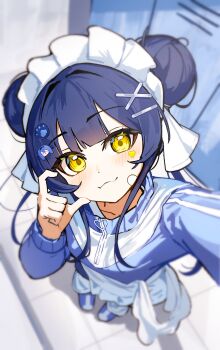 Rule 34 | 1girl, :3, absurdres, blue jacket, blurry, blurry background, blush, center-flap bangs, closed mouth, commentary request, depth of field, double-parted bangs, double bun, firehippo, foreshortening, from above, gangzi (vtuber), hair bun, hair intakes, hair ornament, hairclip, half-heart hands, hand up, heart, heart sticker, highres, jacket, korean commentary, long sleeves, looking at viewer, looking up, maid headdress, selfie, solo, standing, stellive, sticker, sticker on face, virtual youtuber, x hair ornament, yellow eyes