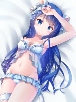 1girl absurdres animal_ears arm_up armpits babydoll blue_babydoll blue_bow blue_eyes blue_hair blue_panties blush bow breasts cat_ears cat_tail cleavage collarbone commentary cowboy_shot crotch_seam dot_nose fake_animal_ears fake_tail frilled_panties frills from_above futaba_shiho getsuyoshi groin hair_bow highleg highleg_panties highres lingerie long_hair looking_at_viewer lying medium_breasts mole mole_on_breast mole_under_mouth navel official_alternate_costume on_back panties parted_lips plaid_bow re:stage! solo stomach tail underwear underwear_only white_tail