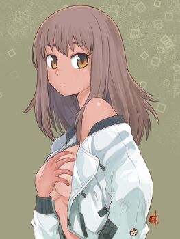 1girl artist_name blush breasts brown_eyes brown_hair commentary covering_breasts covering_privates dot_nose expressionless eyelashes from_side green_eyes highres jacket kikumaru_bunta kiruko_(tengoku_daimakyou) long_hair long_sleeves looking_at_viewer looking_to_the_side medium_breasts naked_jacket off_shoulder open_clothes open_jacket scar scar_on_face scar_on_nose scar_on_shoulder signature single_bare_shoulder solo square tan tengoku_daimakyou translated upper_body white_jacket