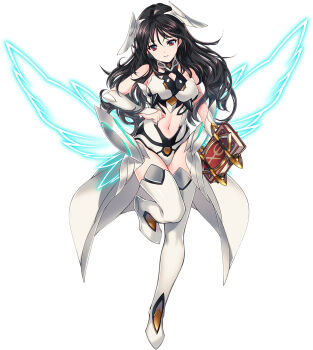 1girl angel angel_wings bare_shoulders black_hair boots breasts choukou_(alicesoft) choukou_taisen_escalation_heroines clothing_cutout dress erukael highres holding large_breasts leg_up long_hair min-naraken navel_cutout official_art red_eyes smile tachi-e tachibana_konomi thigh_boots white_boots white_dress wings
