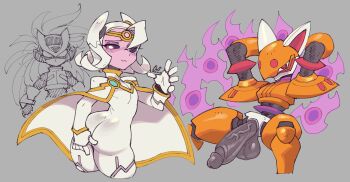 2boys alternate_form android animal_ears armor arms_behind_head arms_up ass black_sclera blush bodysuit bright_pupils caliginousarts cape colored_sclera colored_skin cubit_foxtar_(mega_man) dual_persona fire fox_boy fox_ears furrowed_brow furry furry_male gloves highres humanoid_robot large_penis looking_at_viewer male_focus mega_man_(series) mega_man_zero_(series) mega_man_zero_3 multiple_boys orange_armor penis pink_eyes pink_skin purple_eyes purple_fire red_eyes robot robot_ears short_hair smile testicles trap veins veiny_penis white_bodysuit white_cape white_gloves white_hair white_pupils will-o'-the-wisp_(mythology) zero(z)_(mega_man) zero_(mega_man)