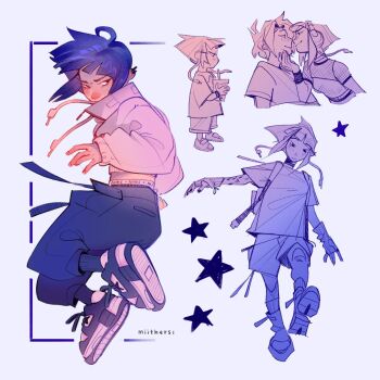 Rule 34 | 1boy, 1girl, artist name, assertive female, blunt bangs, boku no hero academia, breasts, chibi, chibi inset, cropped jacket, cup, earphones, fingerless gloves, full body, gloves, hand on another's chin, headphones, highres, holding, holding cup, imminent kiss, jacket, jiro kyoka, kaminari denki, medium breasts, midriff, miithers, multiple views, nail polish, nike (company), purple hair, shirt under shirt, shoes, short hair, sidelocks, sneakers, white jacket